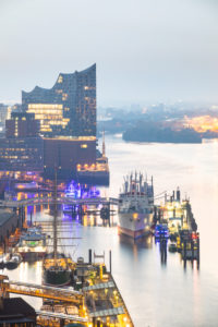 Europe, Germany, Hamburg, view from Hotel Riverside to Elbe with Elbphilharmonie in the morning Europe, Germany, Hamburg, view from Hotel Riverside to Elbe with Elbphilharmonie in the morning